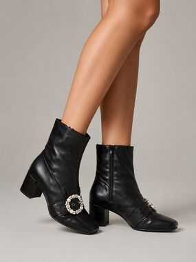 Alohas Black Leather Heeled Ankle Boots with Rhinestone Buckle 6
